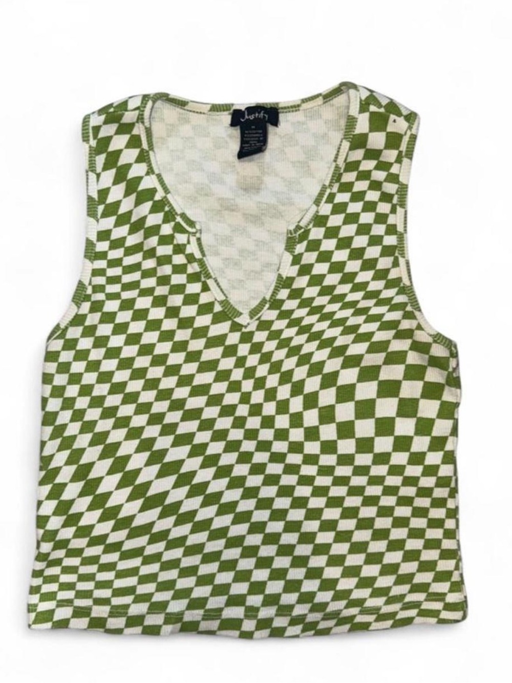 Green Checkerboard Knit V-Neck Tank Top